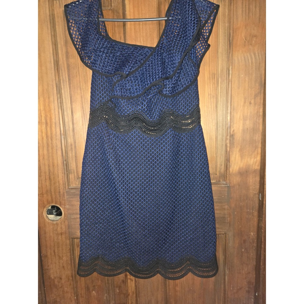 Saylor Womens Cobalt Blue Mesh Ruffle Lace Trim Cocktail Dress Size L - Picture 2 of 3